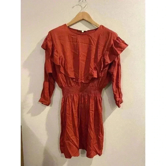 Gianni Bini Dress Small S 2 4 6 Red Orange Long Sleeve Ruffle wedding guest midi - Picture 2 of 7